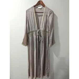 Rebellion Again Taupe Boho Embroidered Lace Kimono Duster